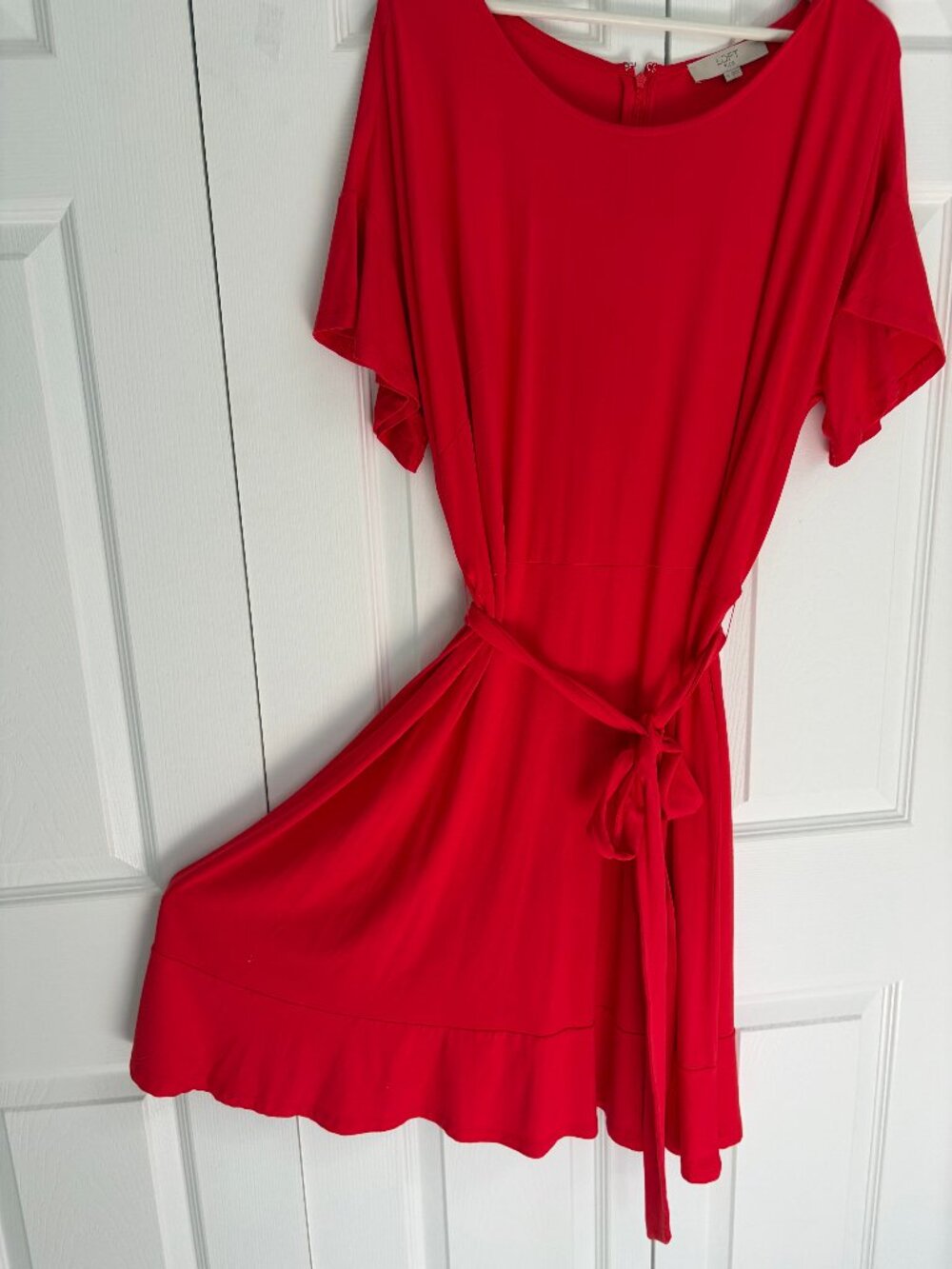Loft Plus - deep coral dress, size 18, with belted waist. Rayon/Spandex mix